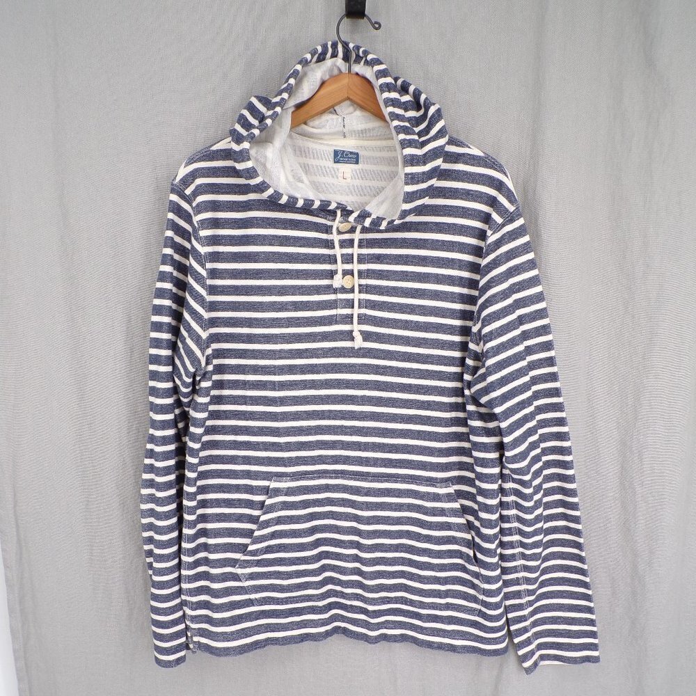 J. Crew Vintage Fleece Women's L Pullover Hoodie Blue White Stripe Cozy Cotton